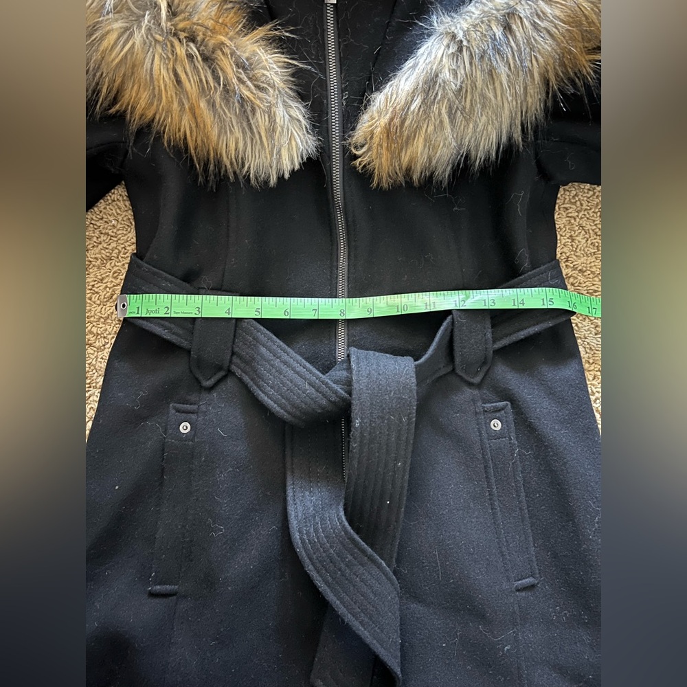 RACHEL Rachel Roy Black Wool Blend Trench Coat with Fur Trim - Picture 8 of 11